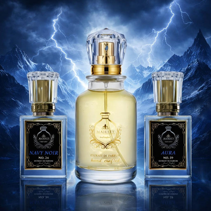 Blue Olympus I Navy and Aura I Mixology I A fusion of icy frozen mint and electric citrus, grounded by a deep, midnight-smoked woodiness I Fragrance Parfume